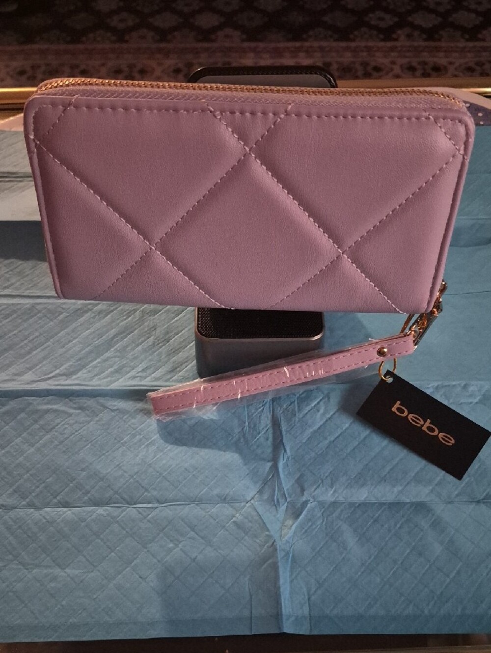 bebe Quilted Wristlet in Purple      Lilac with Gold Logo - Picture 2 of 6